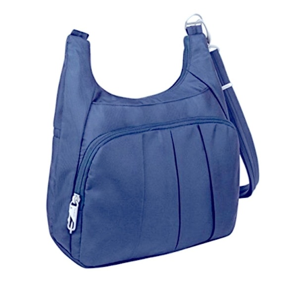 Travelon Womens Navy Blue Anti Theft Pleated Hobo Crossbody Bag RFID Travel - Picture 1 of 13